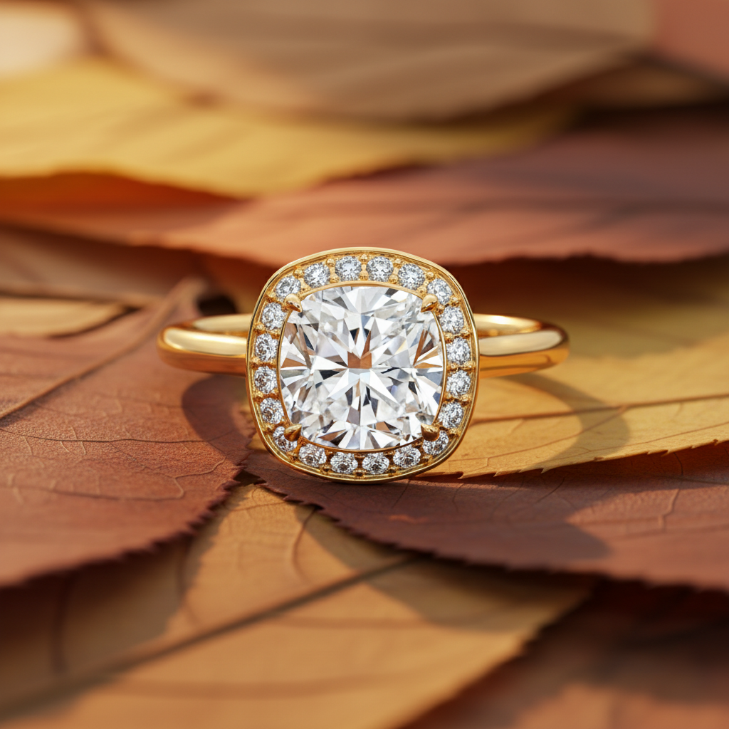 Cushion Cut Moissanite Diamond Halo Wedding Ring