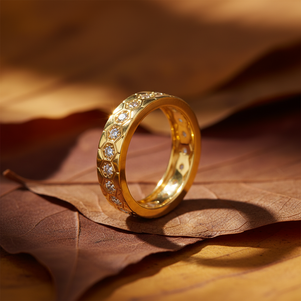 Round Cut Moissanite Hexagon Bezel Full Band Ring