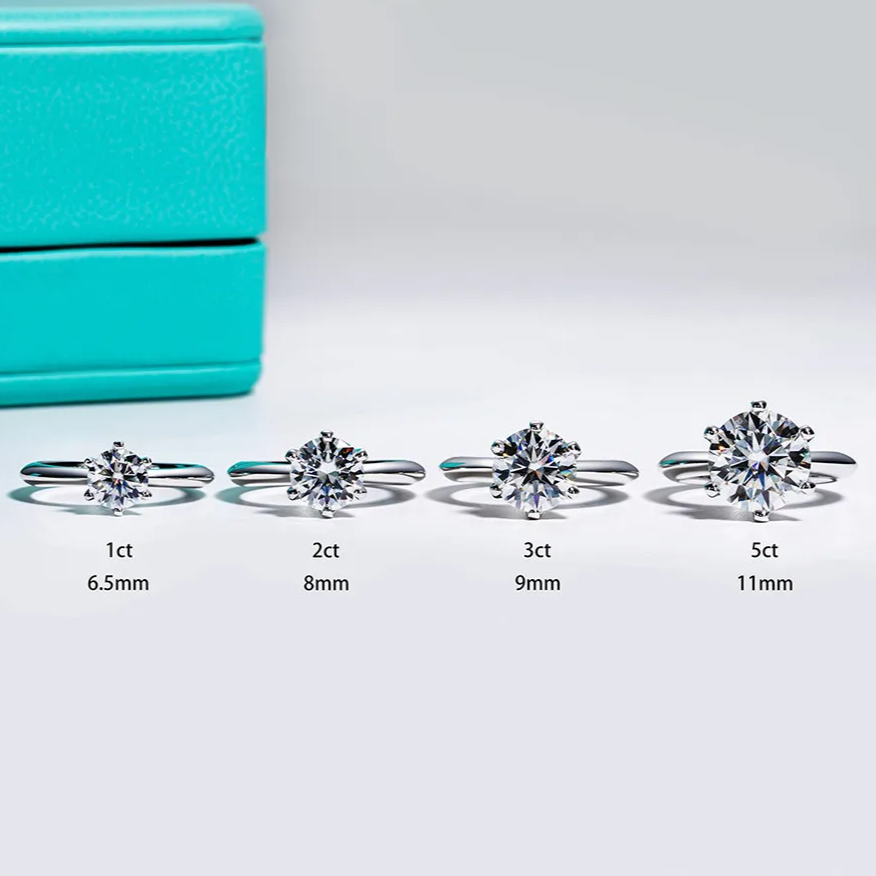 Showcasing The $99 Diamond Alternative Ring in 1ct, 2ct, 3ct, and 5ct sizes with moissanite stones and sleek design.