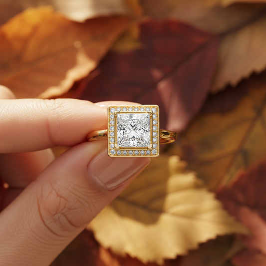 Princess Cut Moissanite Diamond Halo Wedding Ring