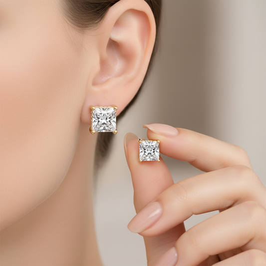 Princess Cut Lab Grown Diamond Studs with Pave Set Basket