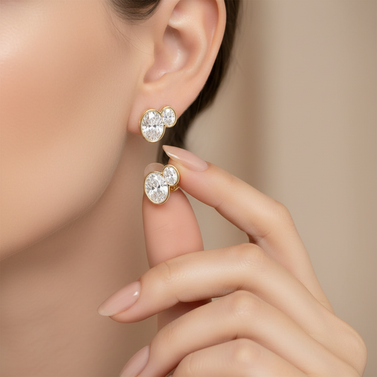 Double Oval Cut Moissanite Diamond Bezel Set Gold Stud