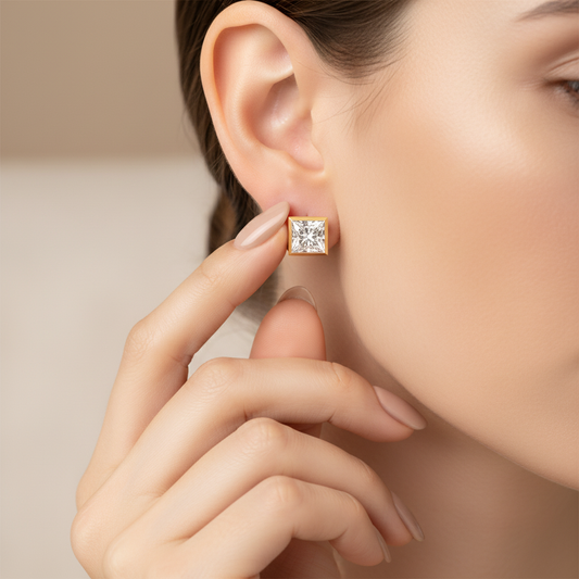 Princess Cut Moissanite Diamond Square Bezel Stud