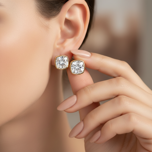Cushion Cut Moissanite Diamond Bezel Set Gold Stud