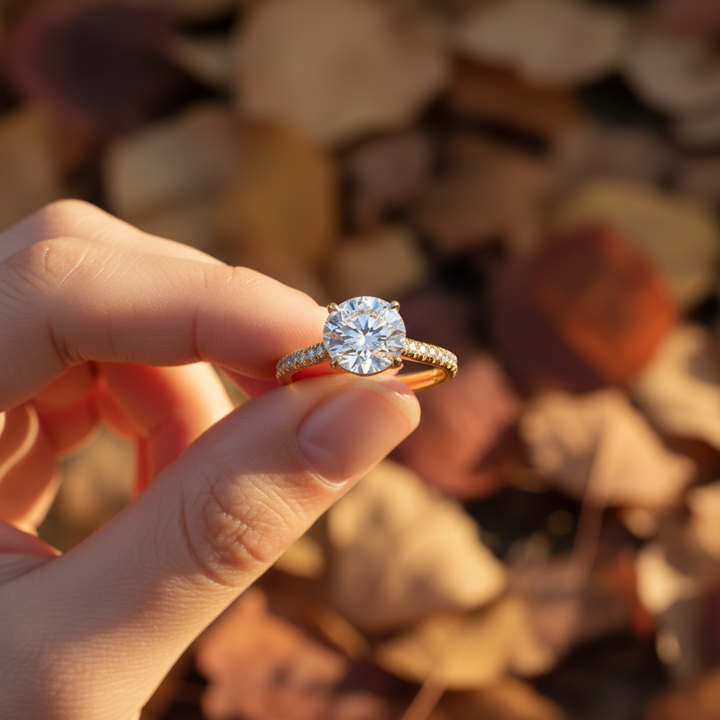 14K Yellow Gold Round Moissanite Diamond Pave Setting Engagement Ring