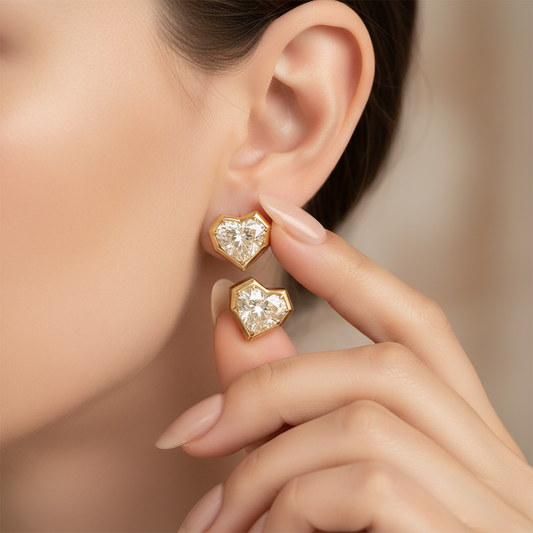 Heart Cut Moissanite Diamond Unique Gold Frame Stud