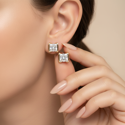 Soft Curve Bezel Set Princess Cut Lab Grown Diamond Studs