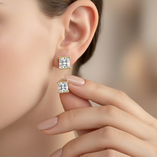 Princess Cut Lab Diamond Open Bezel Set Gold Stud