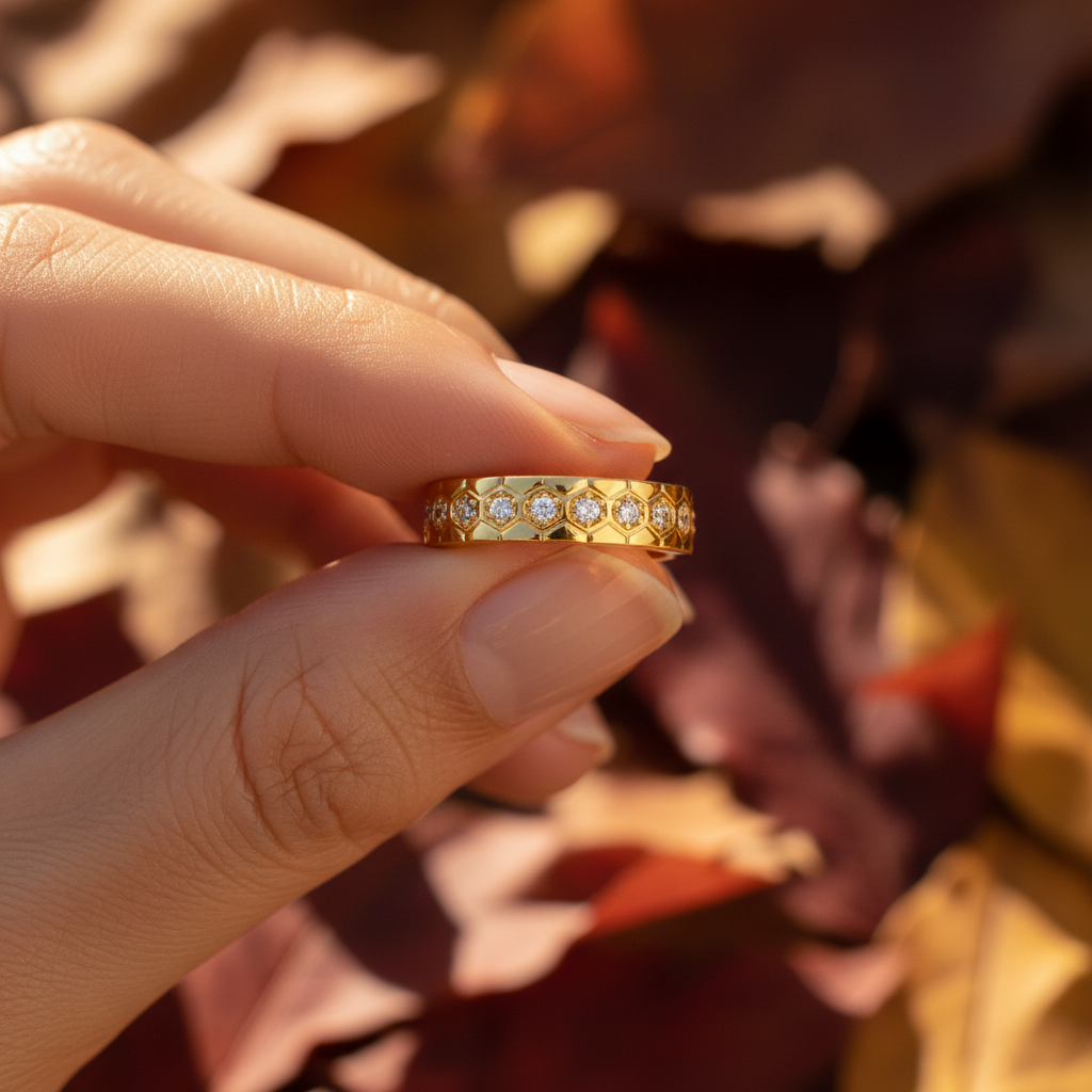 Round Cut Moissanite Hexagon Bezel Full Band Ring