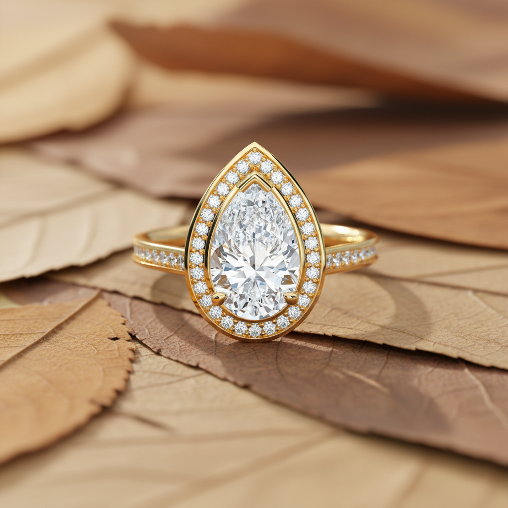 Pear Cut moissanite Diamond Halo Engagement Ring