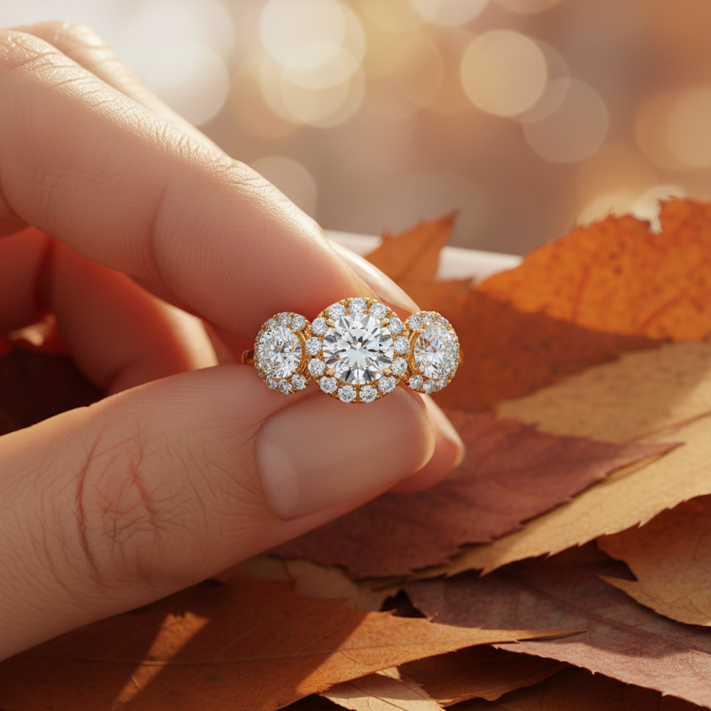 Three Stone Moissanite Diamond Halo Engagement Ring