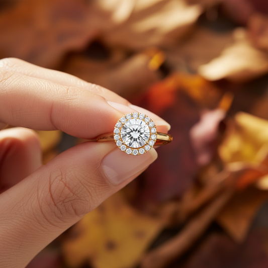 Round Cut Moissanite Halo Bridal Ring with Shared Prong Diamonds