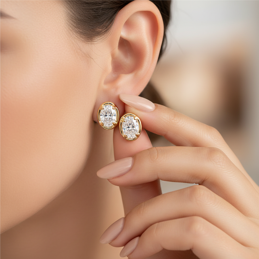 Oval Cut moissanite Diamond Bezel-Prong Gold Stud