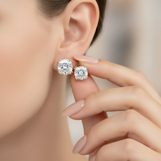 Cushion Cut 8 Prong Lab Grown Diamond Gold Studs