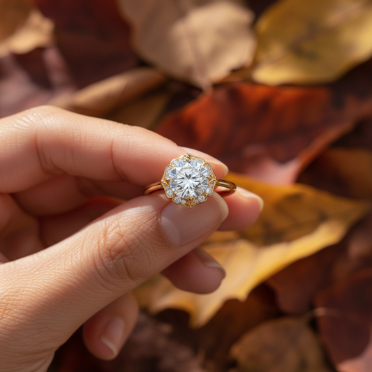 14K Yellow Gold Round Moissanite Lotus Flower Halo Engagement Ring