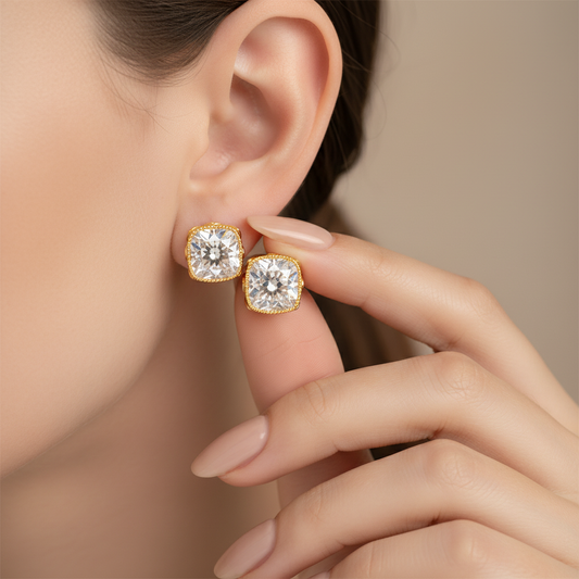 Cushion Cut Moissanite Diamond Flower Basket Gold Stud