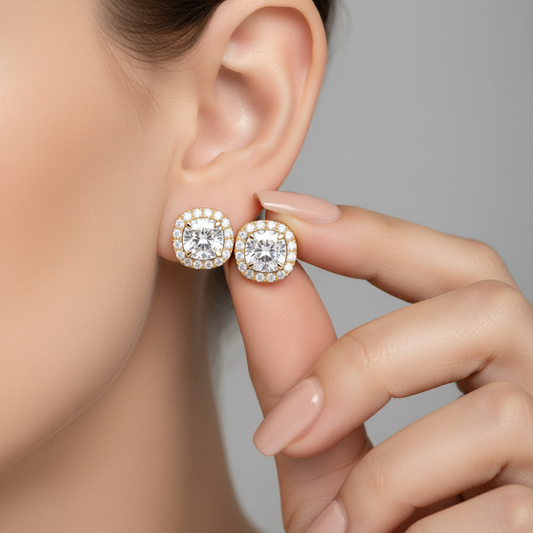 Luxury Cushion Halo Lab Grown Diamond Gold Earrings