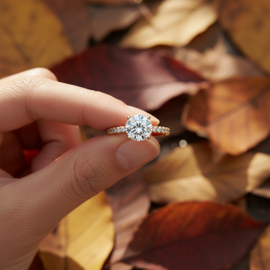 Round Moissanite Diamond Secret Halo French Pavé Wedding Ring