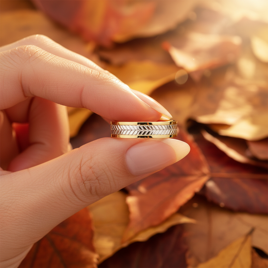 Regal Feather Pattern Two Tone Gold Wedding Band