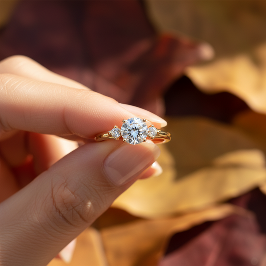 Round Cut Moissanite Three-Stone Halo Wedding Ring