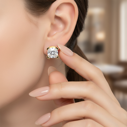 Crown Setting Cushion Cut Lab Grown Diamond Gold Studs