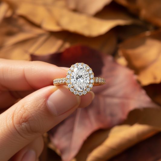 Oval Moissanite Diamond French Pavé Halo Wedding Ring