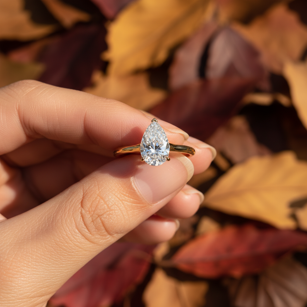 Pear Cut Moissanite Diamond Three-Prong Bridal Ring