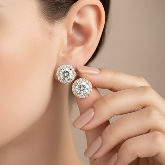 Round Cut Brilliant Halo Moissanite Diamond Stud