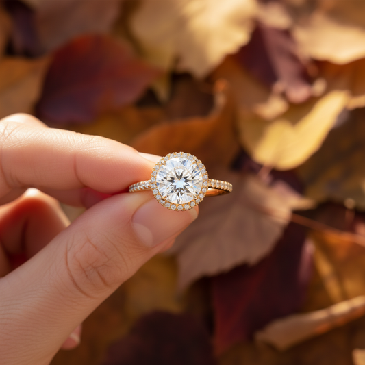 14K Yellow Gold Round Moissanite Diamond French Pave Halo Engagement Ring