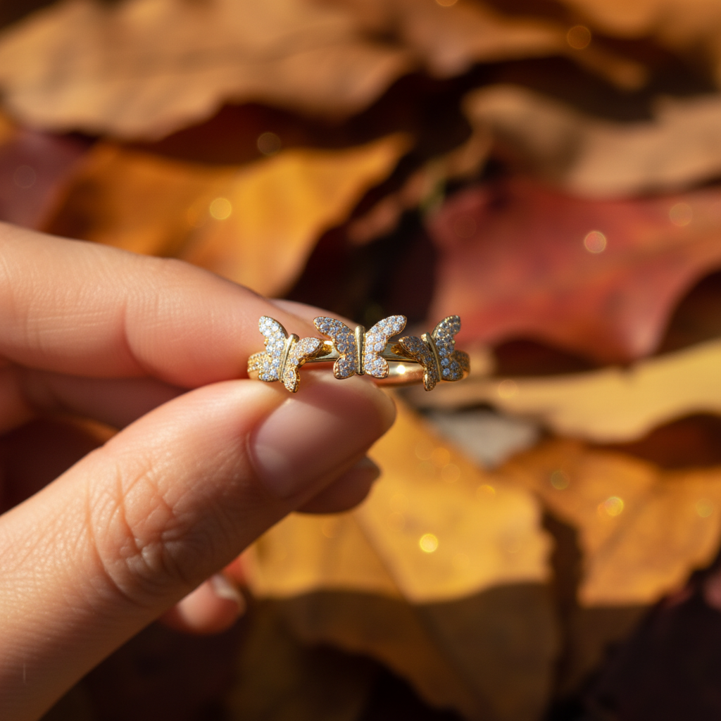 Round Cut Moissanite 3‑Butterfly Linked Charm Diamond Ring