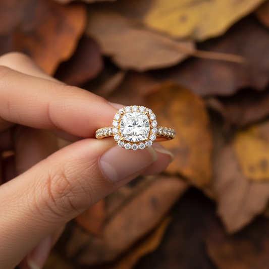 Cushion Cut Moissanite Diamond French Pavé Halo Bridal Ring