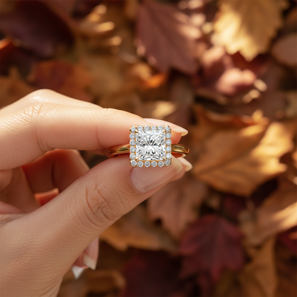 Elegant Princess Cut Moissanite Diamond Halo Wedding Ring