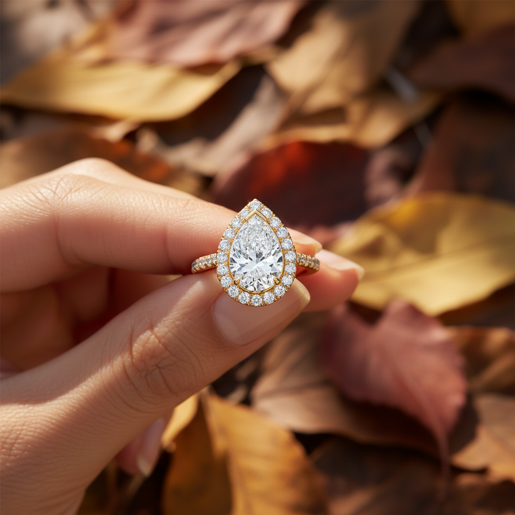 Pear Cut Moissanite Diamond Halo Wedding Ring