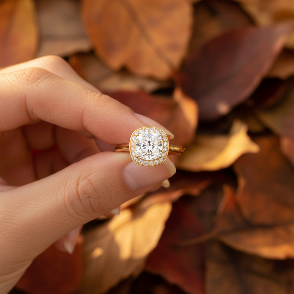 Cushion Cut Moissanite Diamond Halo Wedding Ring