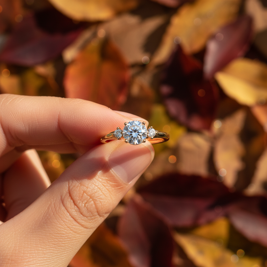 Round Cut Lab Grown Diamond Three-Stone Halo Wedding Ring