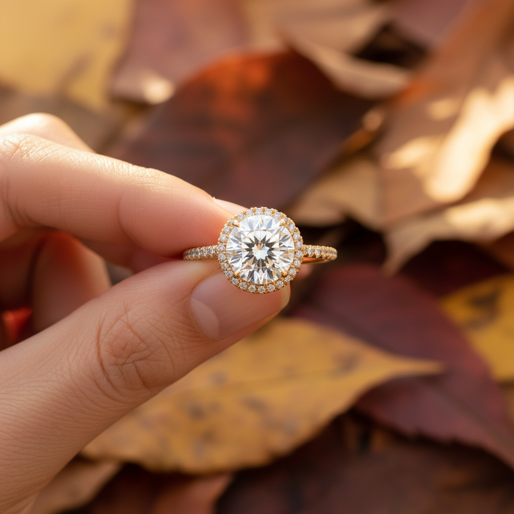 14K Yellow Gold Round Moissanite Diamond French Pave Halo Engagement Ring