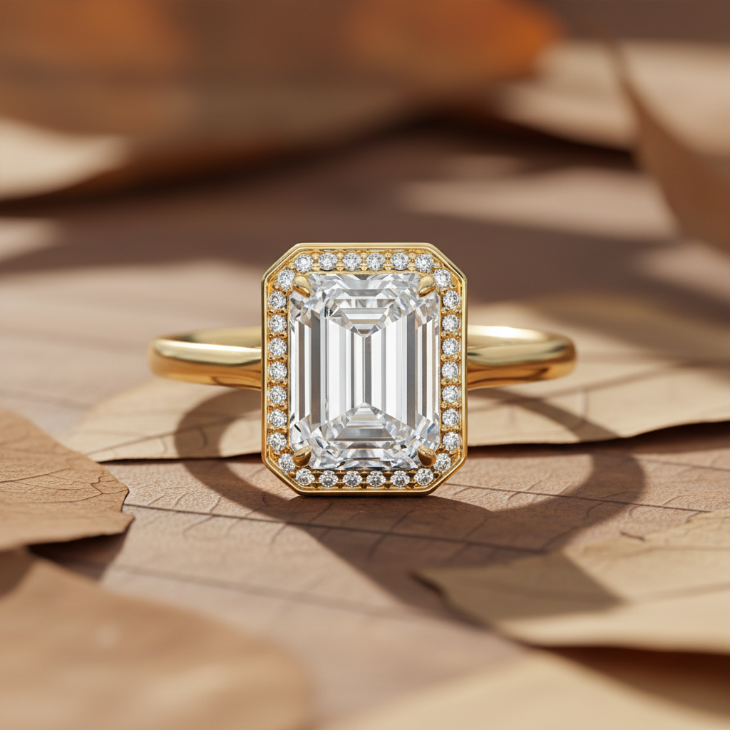 14K Yellow Gold Emerald Cut Moissanite Shared Halo Setting Engagement Ring