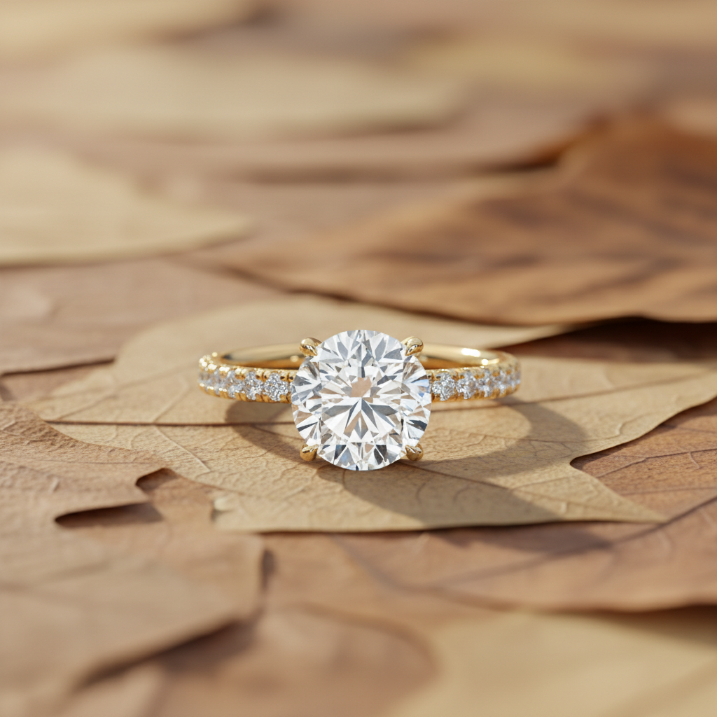 Round Moissanite Diamond Secret Halo French Pavé Wedding Ring