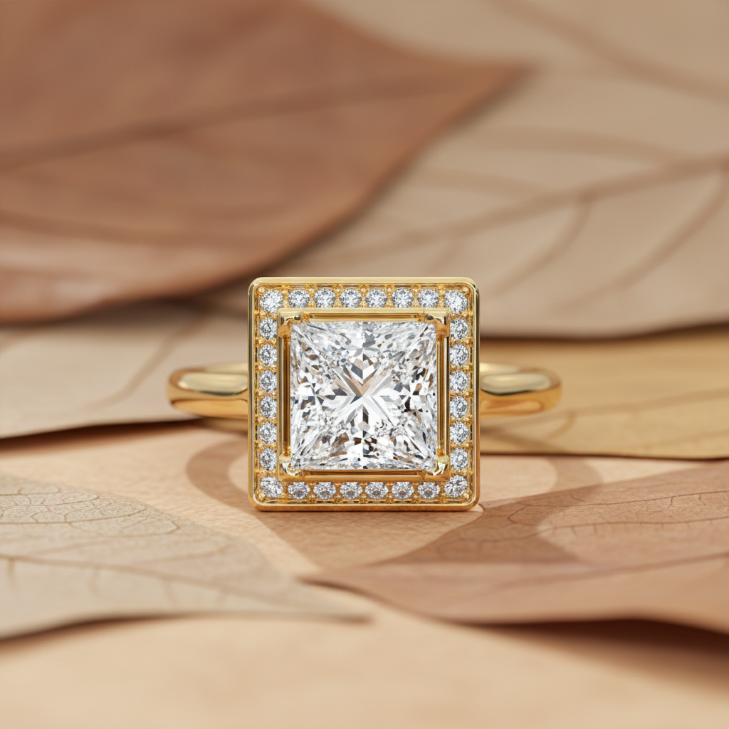 Princess Cut Moissanite Diamond Halo Wedding Ring