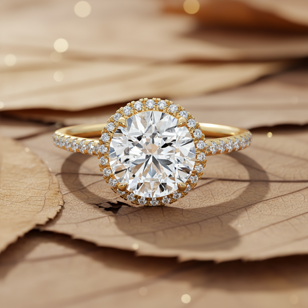 14K Yellow Gold Round Moissanite Diamond French Pave Halo Engagement Ring