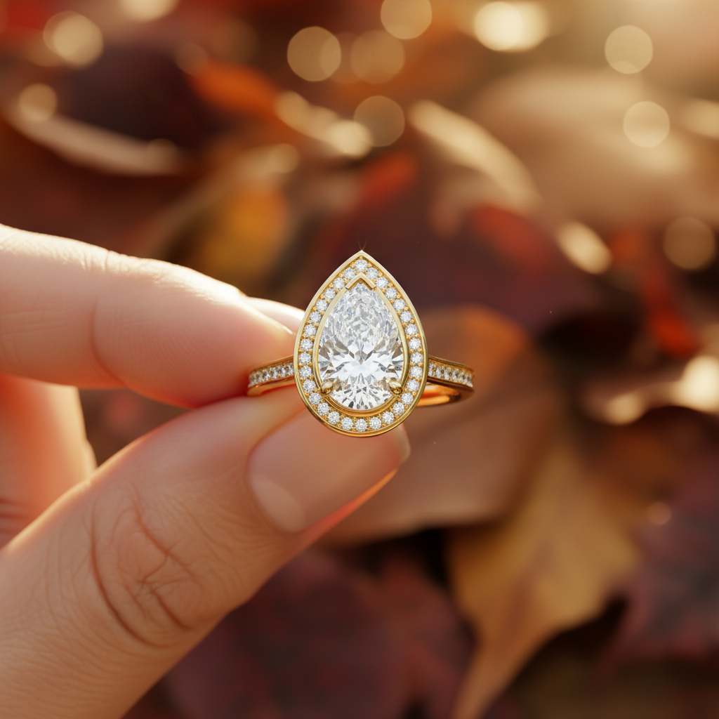 Pear Cut moissanite Diamond Halo Engagement Ring