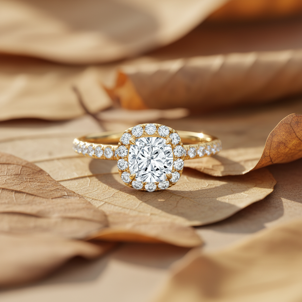 Elegance Cushion Cut Moissanite Diamond Halo Bridal Ring