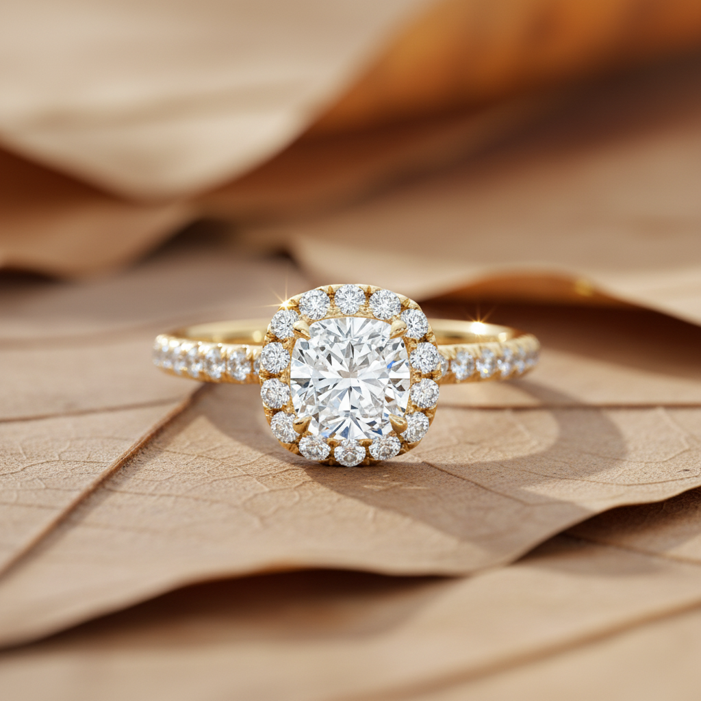 Luxury Cushion Cut Moissanite Diamond Halo Wedding Ring