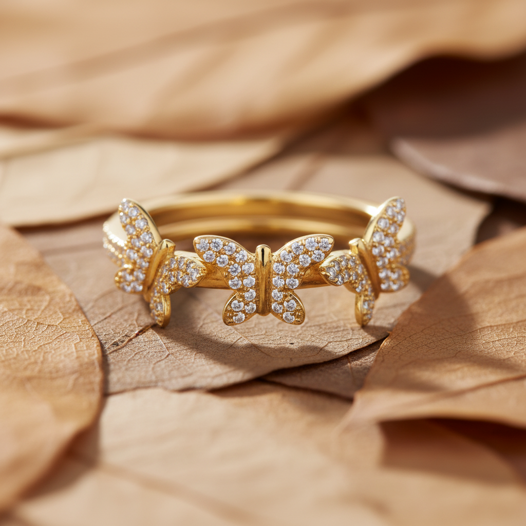 Round Cut Moissanite 3‑Butterfly Linked Charm Diamond Ring