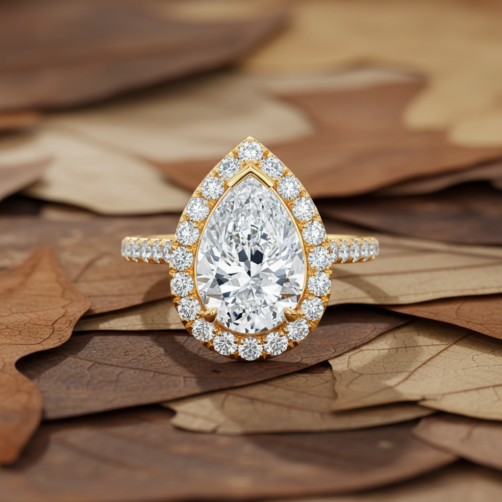 Pear Cut Moissanite Diamond Halo Wedding Ring