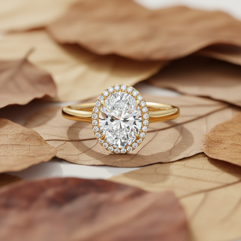 14K Yellow Gold Oval Moissanite Diamond French Pave Halo Engagement Ring