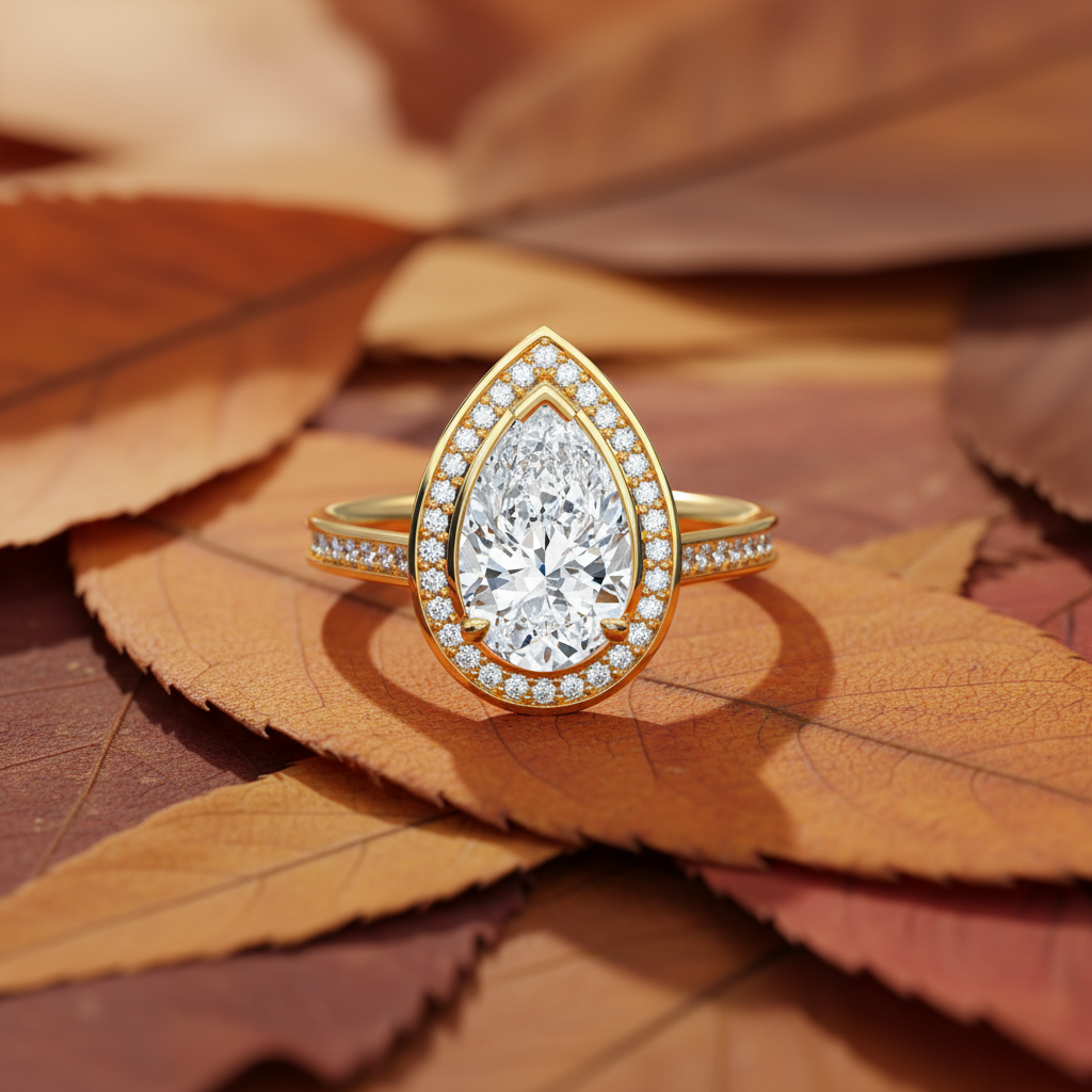 Pear Cut moissanite Diamond Halo Engagement Ring