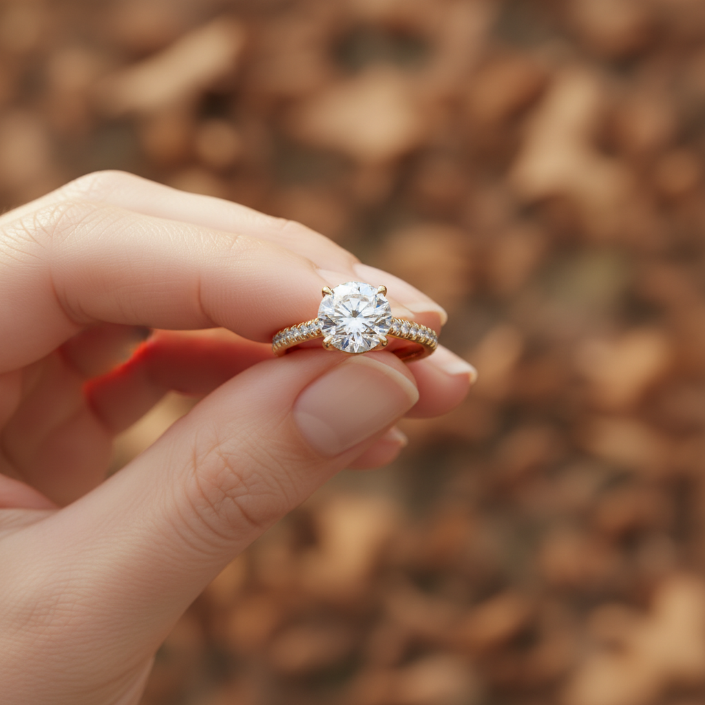 14K Yellow Gold Round Moissanite Diamond Pave Setting Engagement Ring