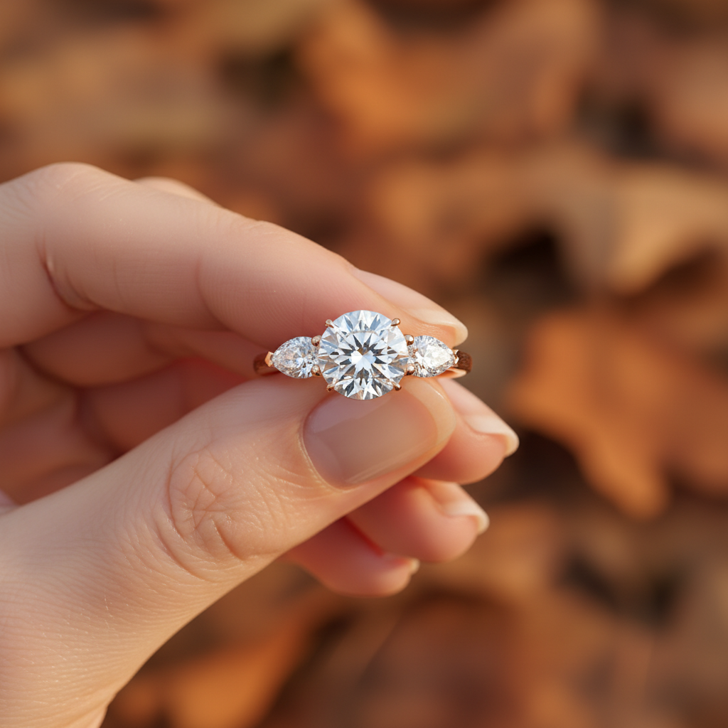 Round & Pear Moissanite Ring Trio Engagement Ring 1.5 CT | Yana Jewels