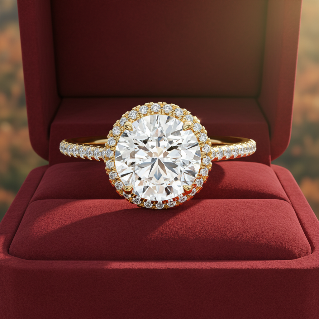 14K Yellow Gold Round Moissanite Diamond French Pave Halo Engagement Ring